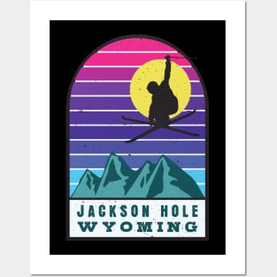 Ski Jackson Hole Wyoming Retro Sunset Posters and Art